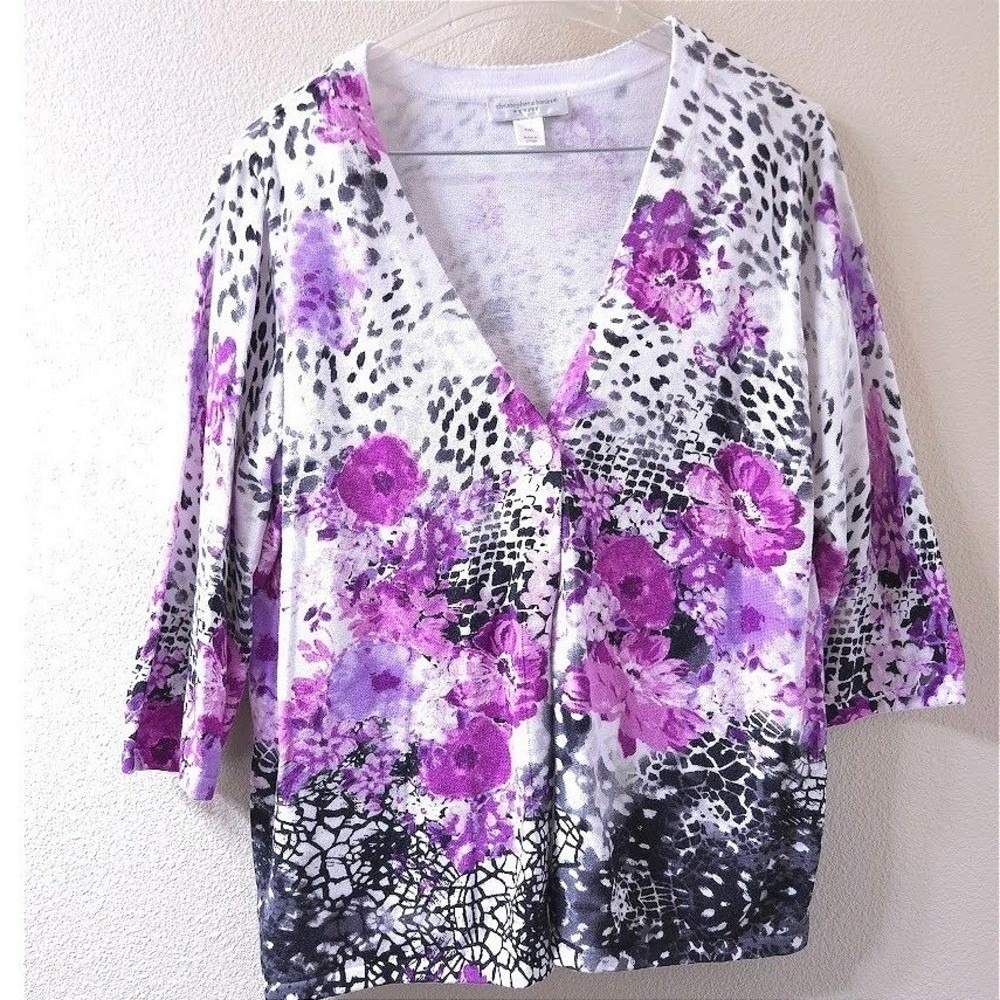Christopher & Banks Petite Floral Button Cardigan Top Purple‎ P/XL
